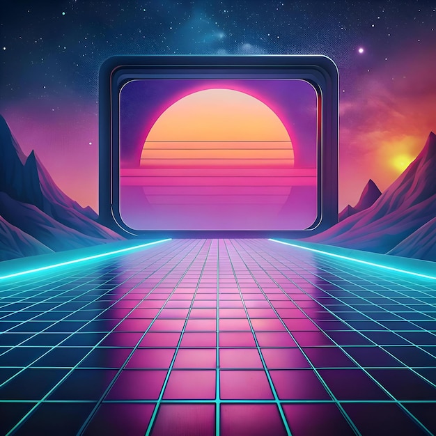 A retro futuristic scene with a glowing neon grid floor leading towards a window framing a vibrant sunset