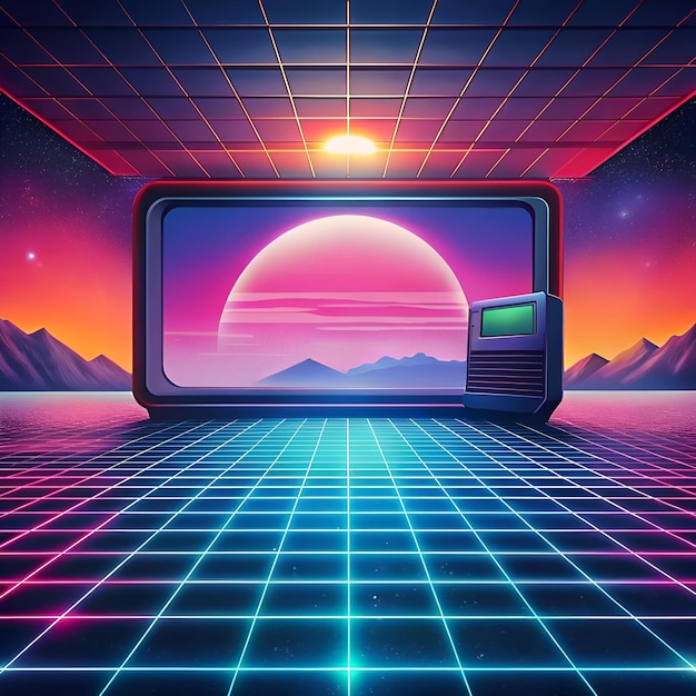 Retro futuristic scene with a glowing neon grid a vintage TV screen displaying a sunset landscape and a futuristic device