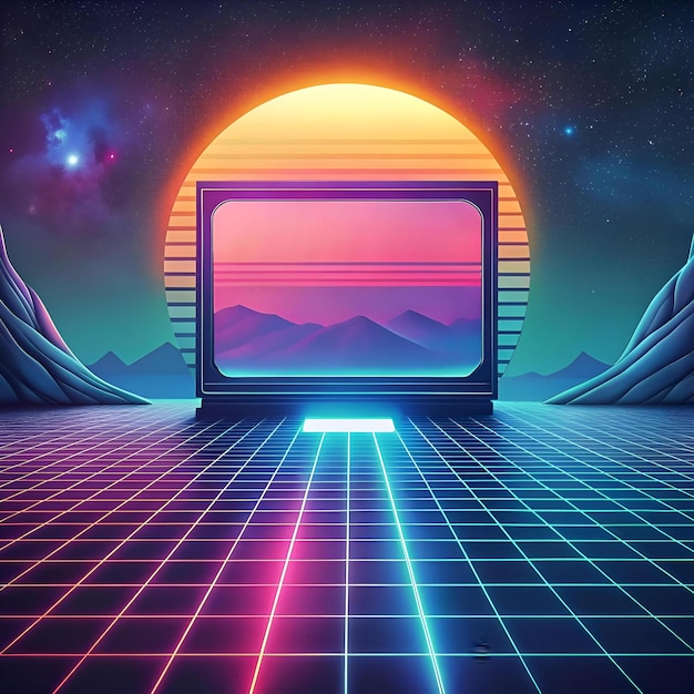 Photo a retro futuristic scene with a vintage tv set a glowing sunset and a futuristic grid floor