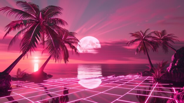 Photo retro futuristic scifi inspired by the 80s neon colors cyberpunk vintage illustration sun mountains palms vj videogame landscape