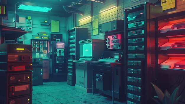 Photo retro futuristic server room with neon lights and vintage technology