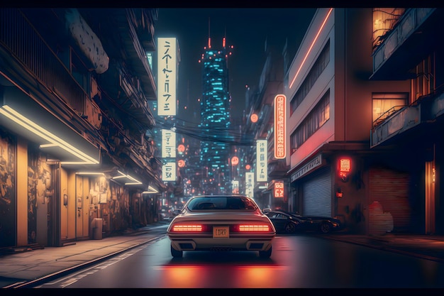 Retro futuristic Tokyo by night hand drawn illustration