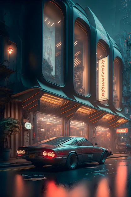 Retro futuristic Tokyo by night hand drawn illustration