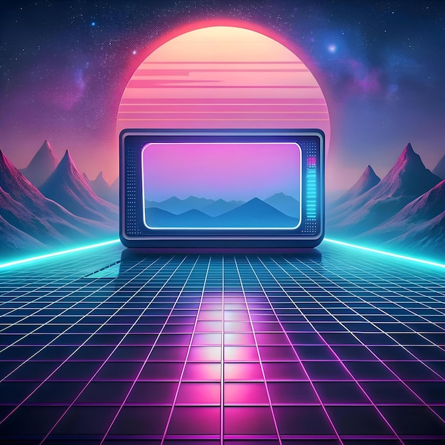 Retro futuristic TV screen displaying a scenic landscape against a vibrant neon lit 80s inspired background