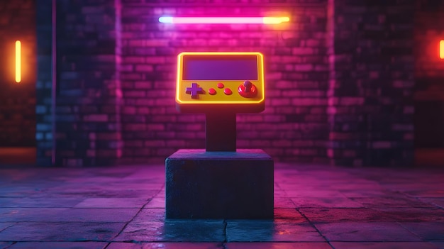 Photo retro game console in neon brick room 3d illustration