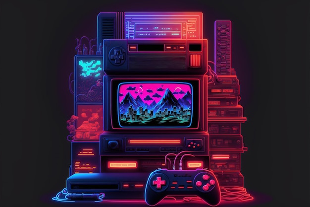 Retro gaming console and pad in black background created using generative ai technology