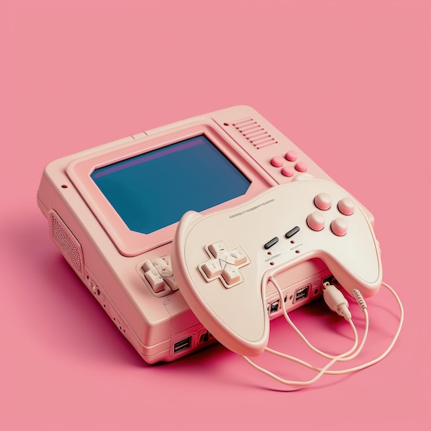 Retro gaming console and pad on pink background created using generative ai technology