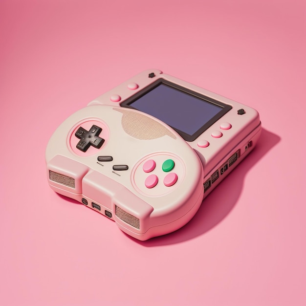 Retro gaming console and pad on pink background created using generative ai technology