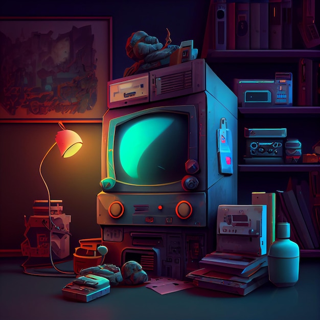 Retro gaming desktop PC computer setup gamer illustration