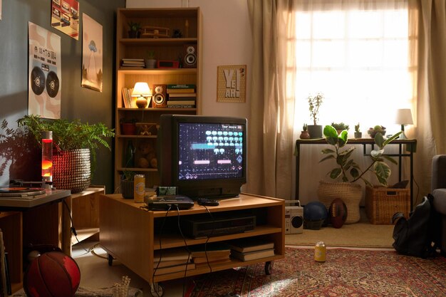 Photo retro gaming setup in cozy oldschool living room