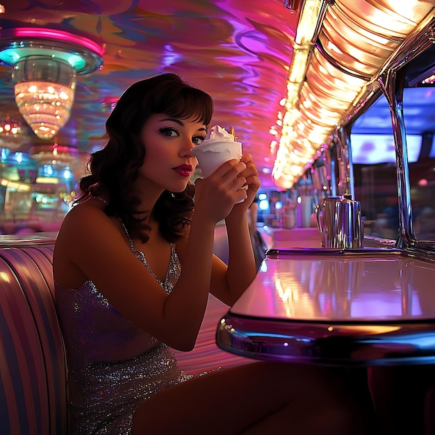 Photo retro glam woman in a glittering dress enjoys a sweet treat in a retro diner