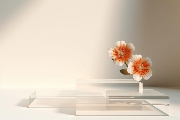 Retro groovy background minimalistic podium stands behind corrugated transparent glass with flowers copy space ar 32 stylize 50 Job ID 5dd7045edf90412587336495d55658df