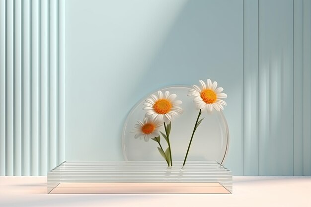 Retro groovy background minimalistic podium stands behind corrugated transparent glass with flowers copy space ar 32 stylize 50 Job ID d6082636c01d42138924458af711ed6b