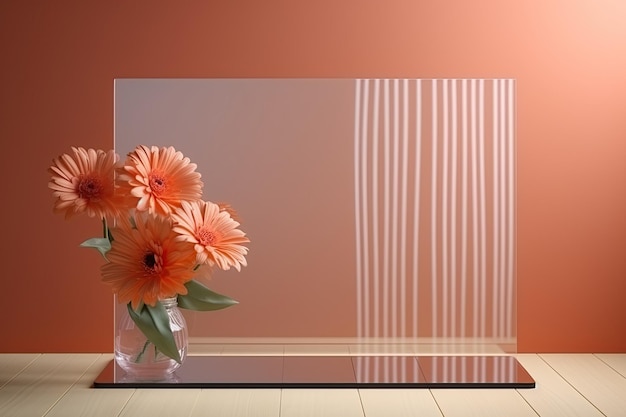 Retro groovy background minimalistic podium stands behind corrugated transparent glass with flowers copy space ar 32 stylize 50 Job ID da2319b99ace4248900049ec20d80f1f