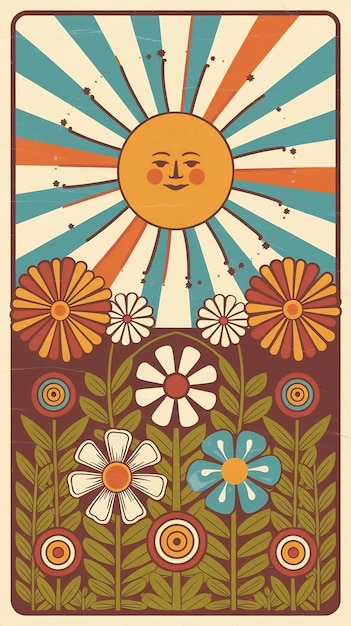 Photo retro hippie 70s style groovy spring or summer poster with flowers and sun