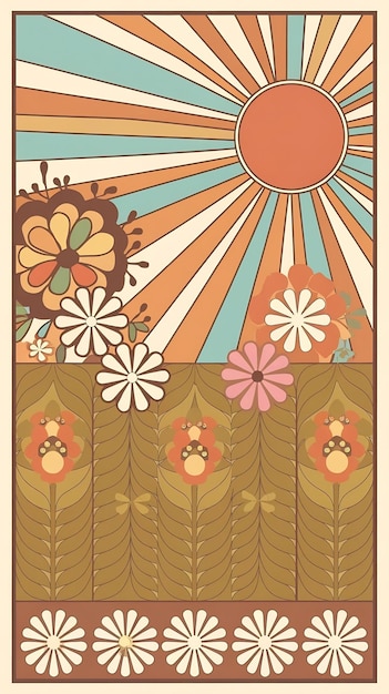 Photo retro hippie 70s style groovy spring or summer poster with flowers and sun