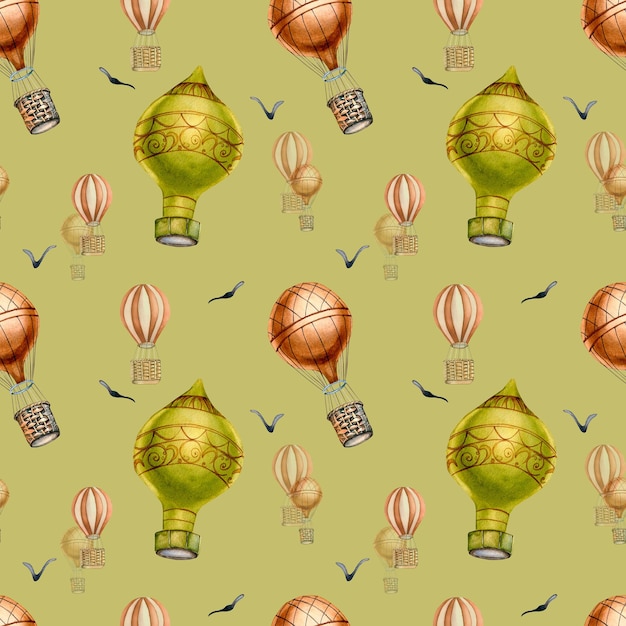 Retro hot air balloon vintage style watercolor seamless pattern isolated