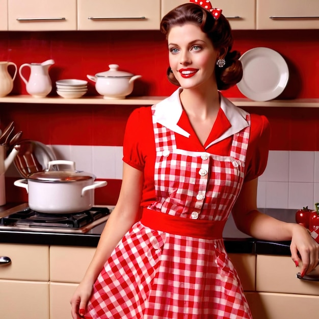 Photo retro housewife in red and white checkered dress in vintage kitchen