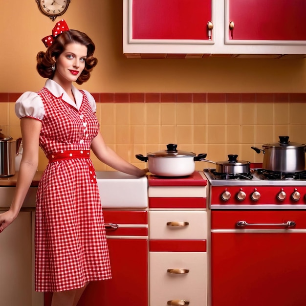 Retro housewife in red and white checkered dress in vintage kitchen