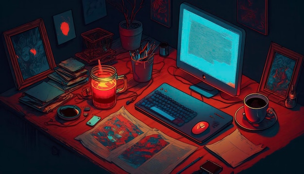 Retro Inspired An 80s Red and Green Spooky Glowy Desk Scene