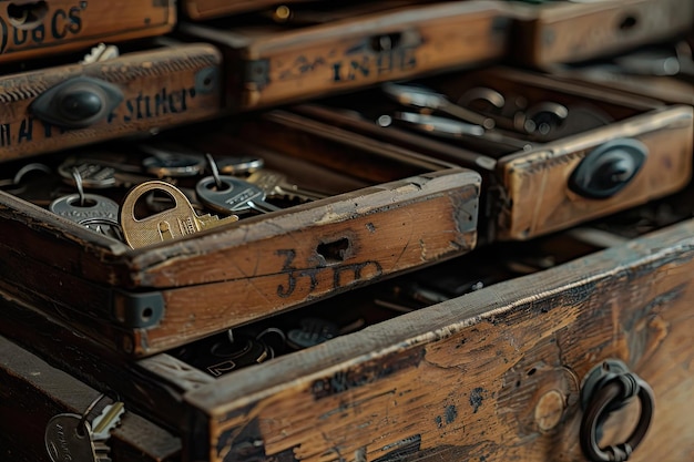 Retro keys in wooden storage hotel reception old vintage style all keys in a place