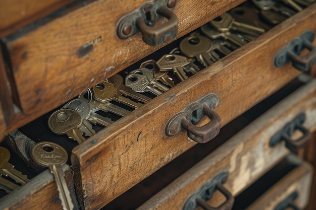 Retro keys in wooden storage hotel reception old vintage style all keys in a place