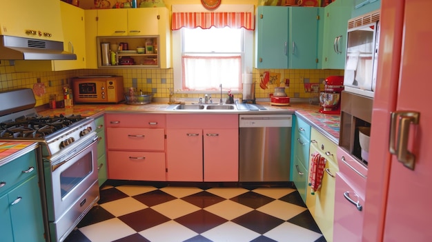 Retro Kitchen Interior with Colorful Appliances