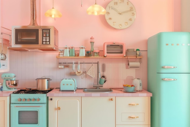 A retro kitchen surrounded by pastel appliances