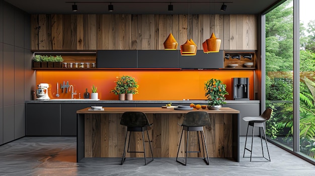 Retro kitchen with grey ceiling and orange countertops