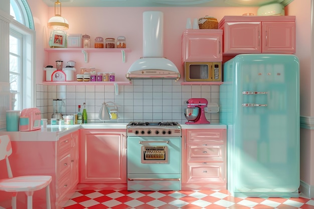 Retro kitchen with pastel colors and vintage fridge