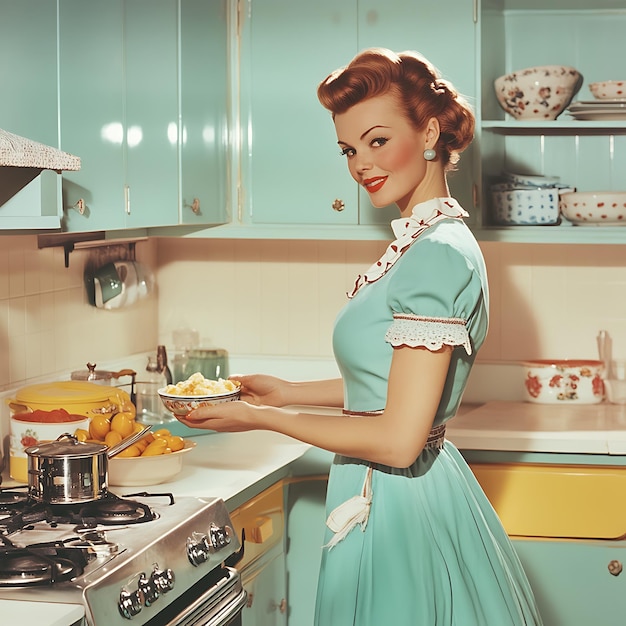 Photo retro kitchen woman in 1950s dress cooking and smiling