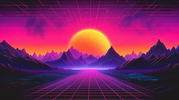 Retro landscape skyline with neon light grid sunset Generative AI