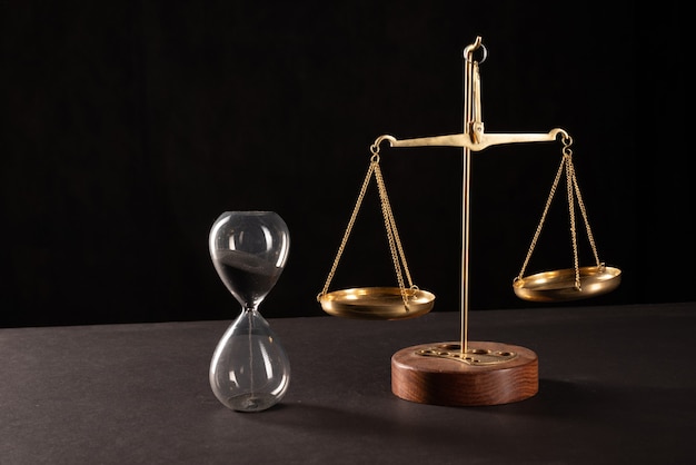 Retro law scales on table. Symbol of justice.