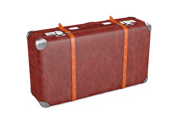 Retro Leather Brown Threadbare Suitcase With Metal Corners and Belts on a white background. 3d Rendering