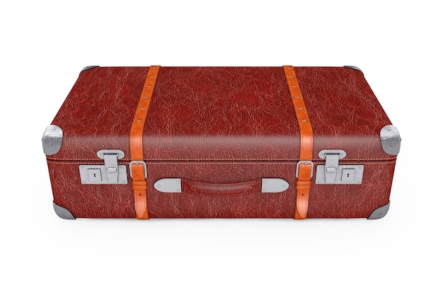 Retro Leather Brown Threadbare Suitcase With Metal Corners and Belts on a white background. 3d Rendering