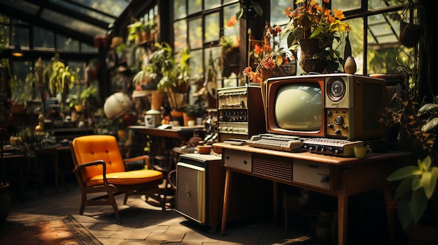 Retro Living Room Design With Old Television Cabinet And Radio Along With Work Area With Typewriter