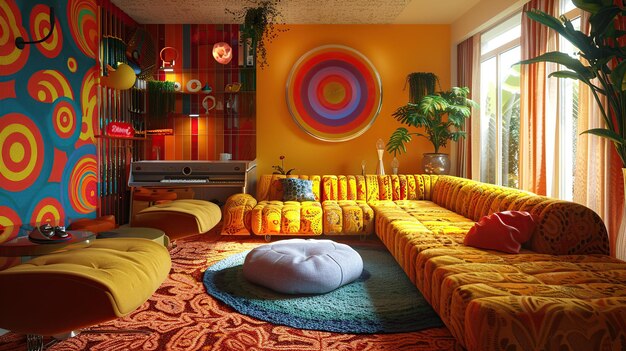 Photo retro living room interior design with bold colors and patterns