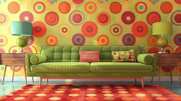 Photo retro living room interior with green sofa and colorful circular pattern wallpaper