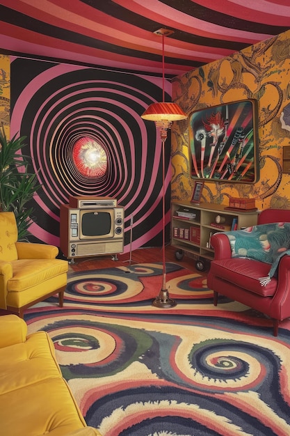 Photo retro living room with swirling patterns