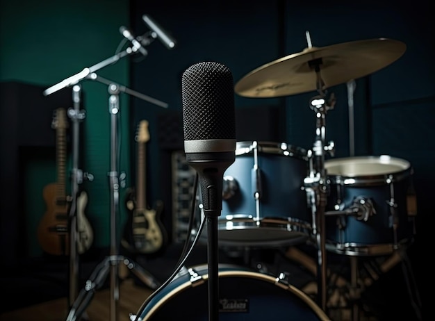 Retro microphone against blur colorful light restaurant background