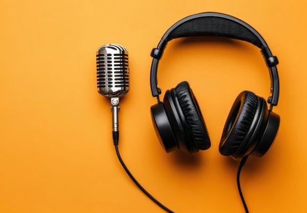 Photo retro microphone and headphones on a vibrant orange background