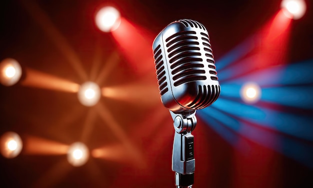 Retro microphone on night club spotlights background