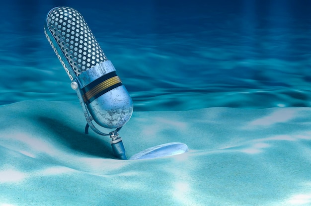 Retro microphone on ocean bottom underwater 3D rendering