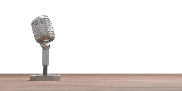 Retro microphone for press conference or interview on wooden table white background copy space high quality photorealistic 3d rendering