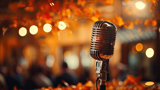 Retro Microphone On Stage With Bokeh Light closeup and place for text Defocused Abstract Background Generative AI