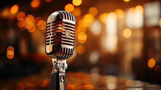 Retro Microphone On Stage With Bokeh Light closeup and place for text Defocused Abstract Background Generative AI