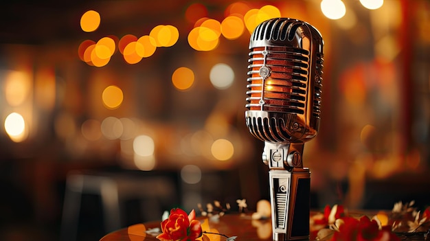 Retro Microphone On Stage With Bokeh Light closeup and place for text Defocused Abstract Background Generative AI