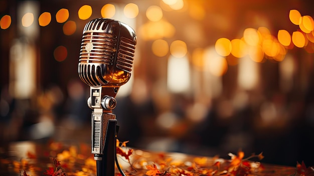 Retro Microphone On Stage With Bokeh Light closeup and place for text Defocused Abstract Background Generative AI