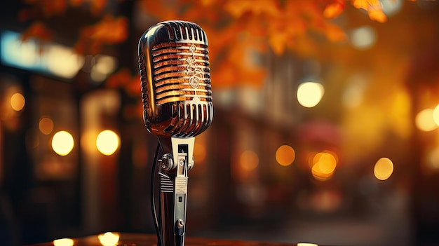 Retro Microphone On Stage With Bokeh Light closeup and place for text Defocused Abstract Background Generative AI