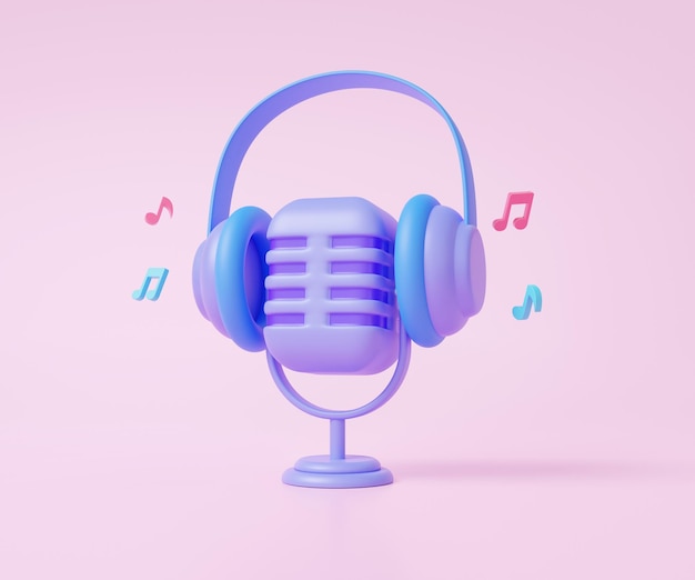 Retro microphone with headphone notes music on pink pastel background podcast listening entertainment musical studio karaoke concept Minimal cartoon cute smooth 3d rendering illustration